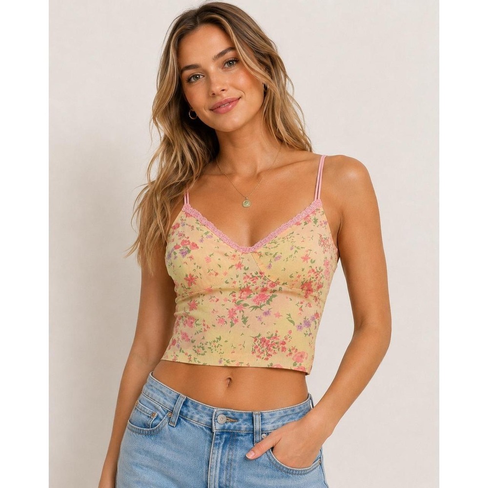 Floral Mesh Camisole Top Pink Lace Trim V-Neck Spaghetti Strap Women Large